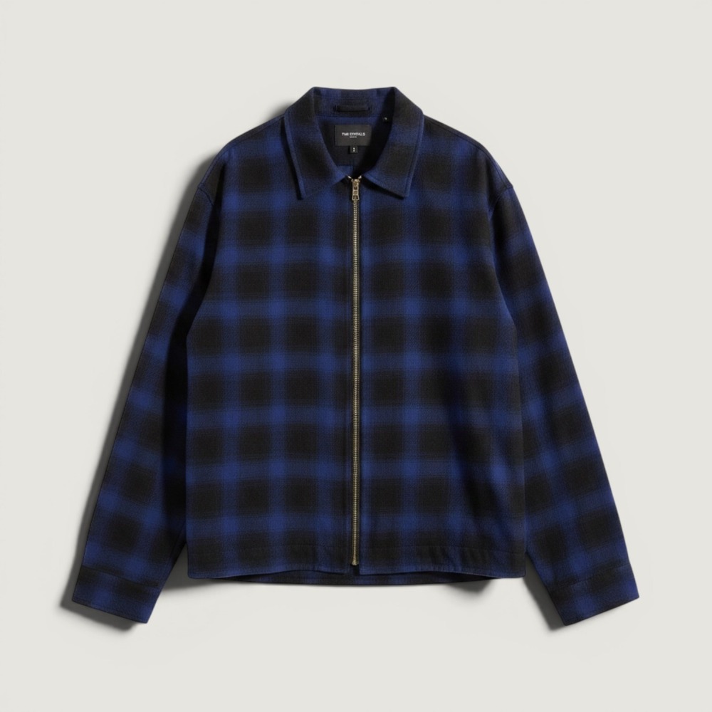 The Kooples Shirt Mens XL Blue Black Plaid Zip Front Japanese Twill Casual